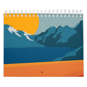 Retroinspirerad bergsbild - röd och blå scen kalender