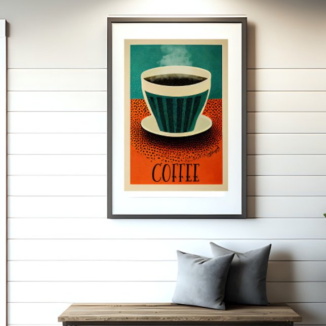 Retrokaffe Poster (Coffee poster is shown in a frame on a wall)