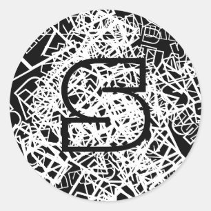 Retromodern Namn eller Ord & Monogram Black & Whit Runt Klistermärke