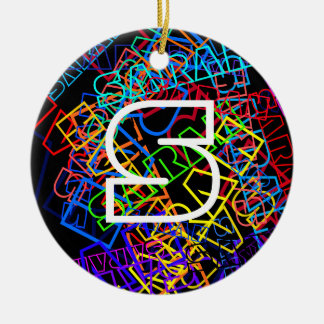 Retromodern Namn & Monogram Ljusa färger & svart Julgransprydnad Keramik