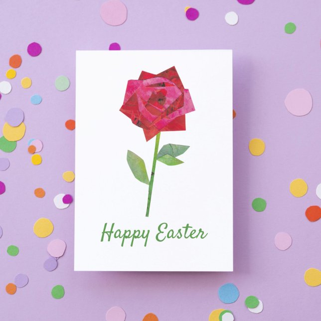 Retrop Vår Ro Blommigt Traditional Påsk Helgkort (This traditional Easter card features my own hand-crafted collage art of a pink and red rose.)