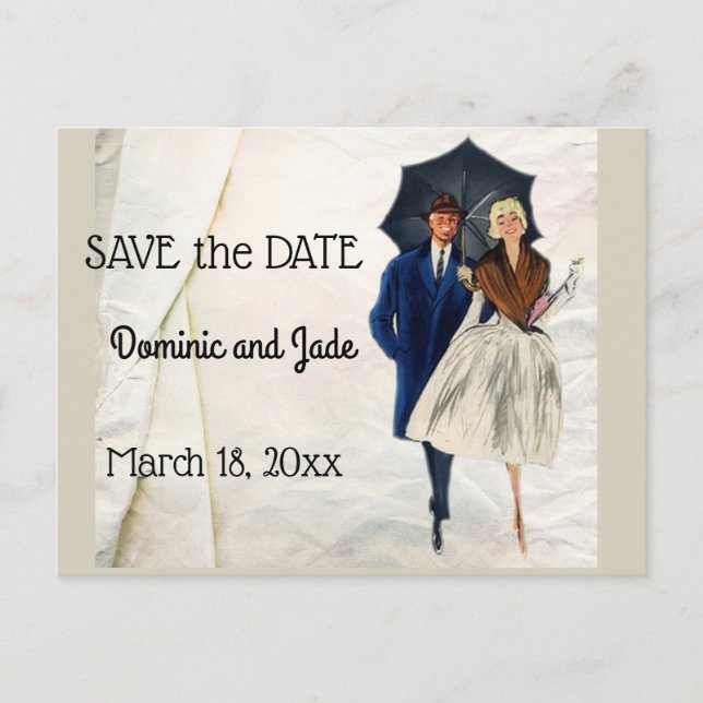 Retropar Med Paraply Save The Date Meddelande Vykort (Framsida)