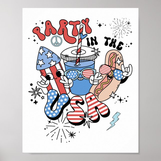 Retroparty i USA:s flagga Groovy 4:e juli Pat Poster (Framsidan)