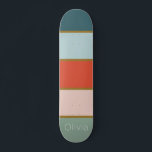Retrostrimlad Mini Skateboard Bräda 18,5 Cm<br><div class="desc">Retro inspirerade lodrät till en strimlad utformning i tonerna av teal och sage med orange,  mjuk rosa och guld. Fullt anpassade med ditt namn,  initialer eller monogram.</div>