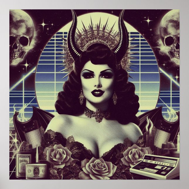 Retrowave Djävulsk Kvinna Poster (Framsidan)