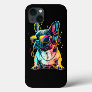 Retrowave Fransk Bulldog med hörlurar och solcelle