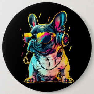 Retrowave Fransk Bulldog med hörlurar och solcelle Knapp