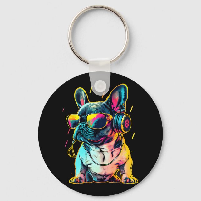 Retrowave Fransk Bulldog med hörlurar och solcelle Nyckelring (Framsida)