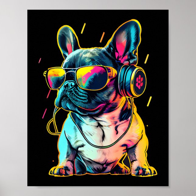 Retrowave Fransk Bulldog med hörlurar och solcelle Poster (Framsidan)