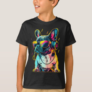 Retrowave Fransk Bulldog med hörlurar och solcelle T Shirt