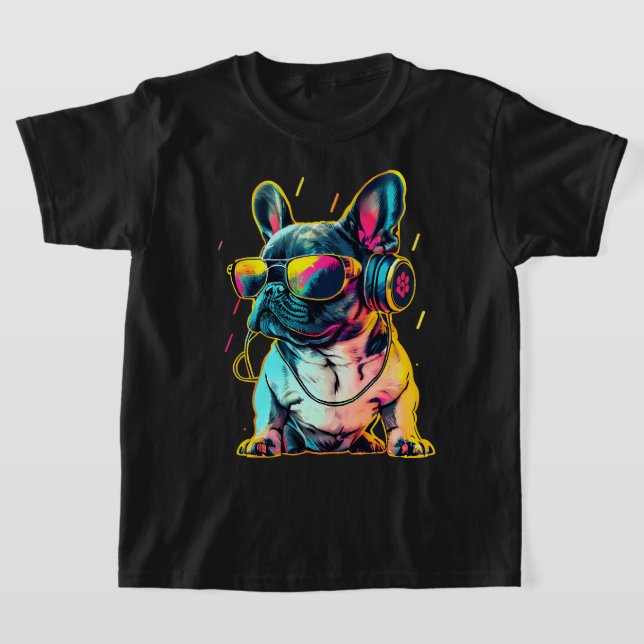 Retrowave Fransk Bulldog med hörlurar och solcelle T Shirt (Laydown)