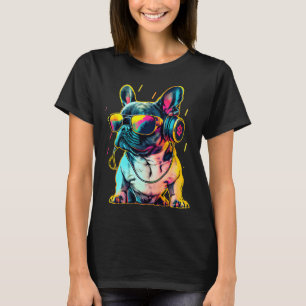Retrowave Fransk Bulldog med hörlurar och solcelle T Shirt