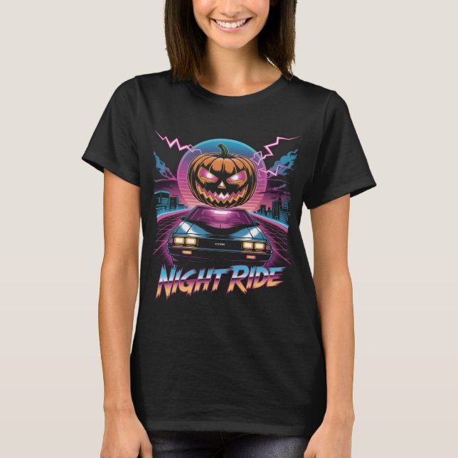 Retrowave Halloween Pumpkin Night Ride T-Shirt | 8 (Framsida)