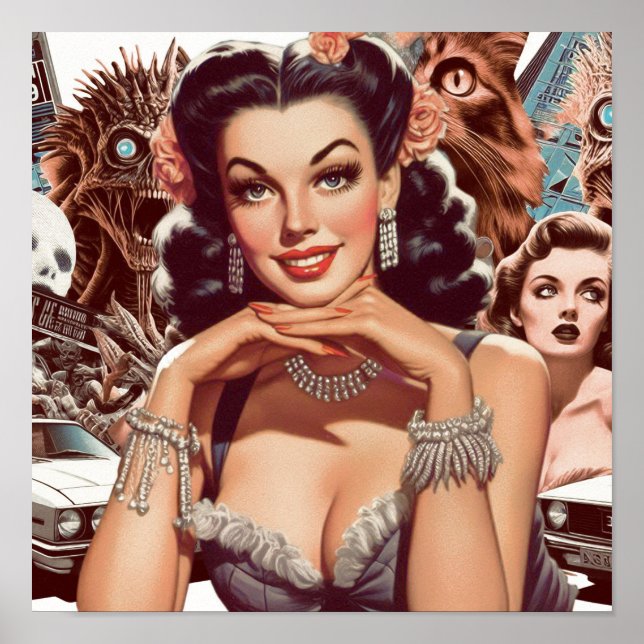 Retrowave Pin-up-kollage Poster (Framsidan)