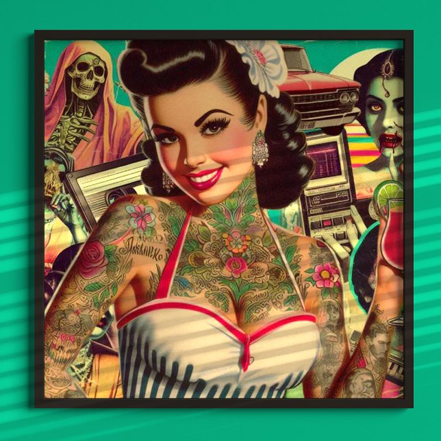 Retrowave Pin-up-kollage Poster (Skapare uppladdad)