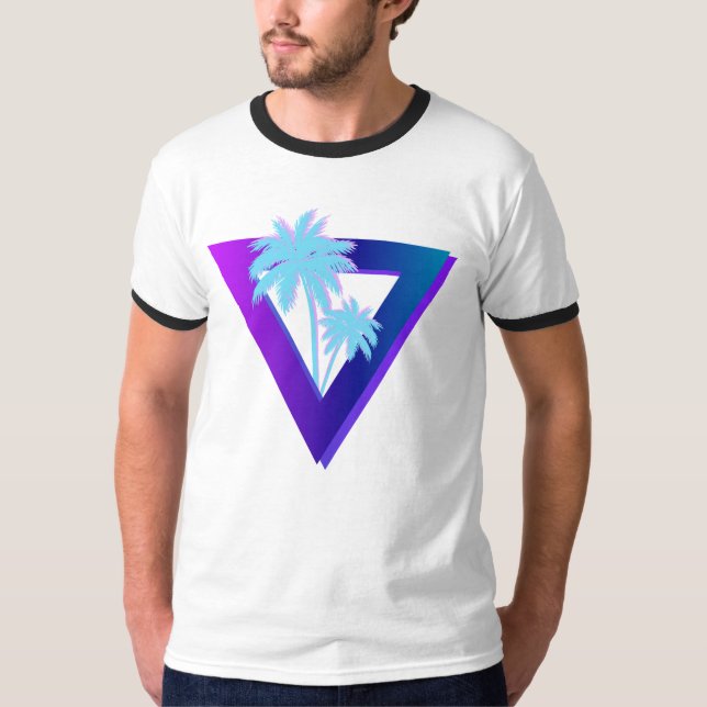 RETROWAVE SYNTHWAVE PALMTRE BEVÄXT TRIANGEL RINGNI T SHIRT (Framsida)