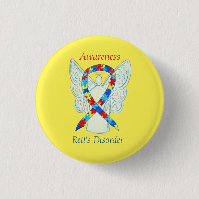 Rett's Disorder Angel Puzzle Awareness Ribbon Stif Knapp (Framsida)