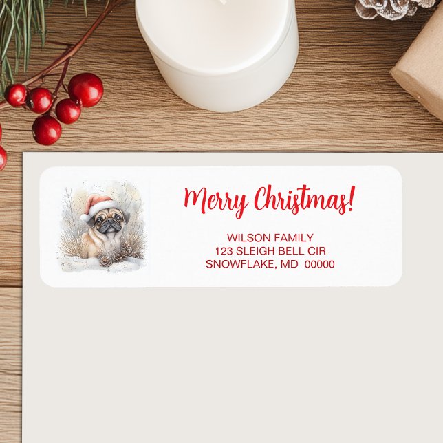 Retur för vattenfärg Pug i Santa Hat God jul Returadress Etikett (Watercolor Pug in Santa Hat Merry Christmas Return Label)