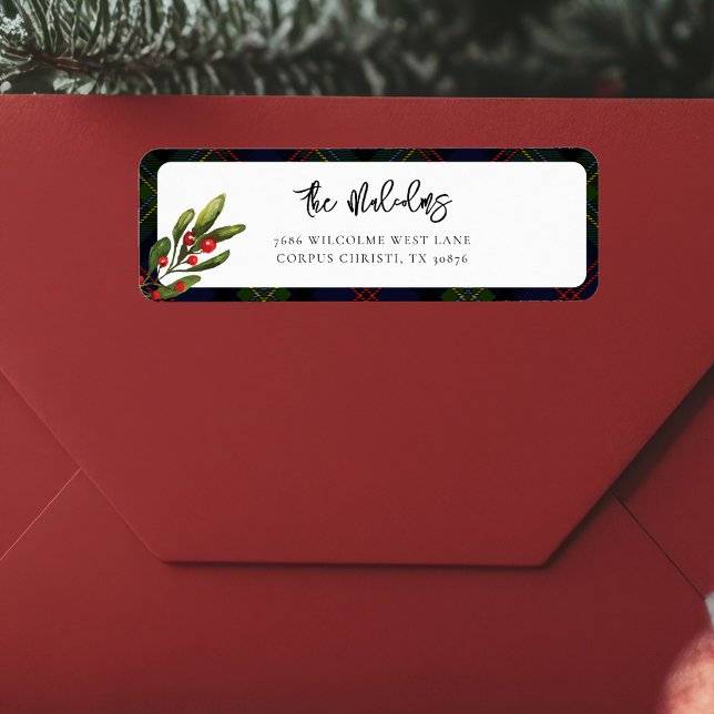 Returadress av belagd Elegant Rustic Classic Tarta Etikett (Red Berries Rustic Plaid Malcolm Tartan Return Address Label)