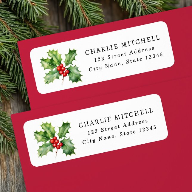 Returadress av blåbär returadress etikett (Christmas holly red berries return address label)