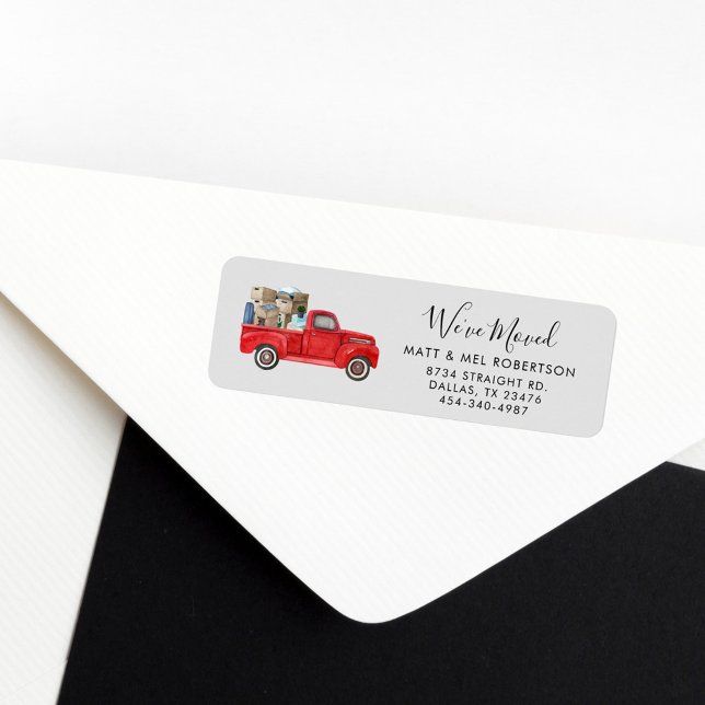 Returadress av Ny adress Flytta Etikett (We Have Moved Watercolor Red Truck Return Address Label)