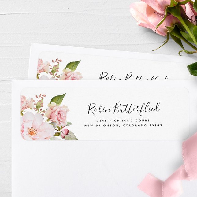 Returadress av Rosa och  Blommigt Returadress Etikett (Skapare uppladdad)