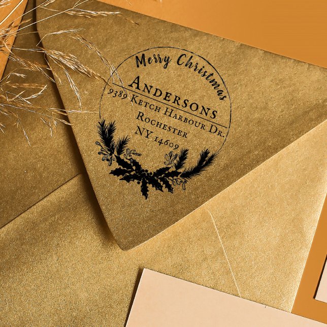 Returadress av rustiskt andedräkt God jul Stämpel (Rustic Merry Christmas Wreath Return Address Rubber Stamp)