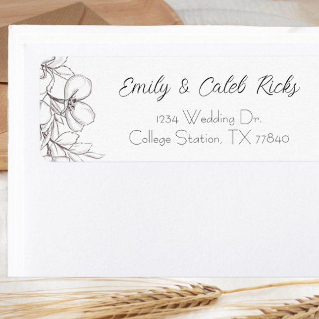 Returadress av svart och vit Blommigt-linje Etikett (black and white script wedding return address label flower)