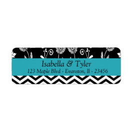 Returadress av turkos-blått och svart Blommigt Etikett