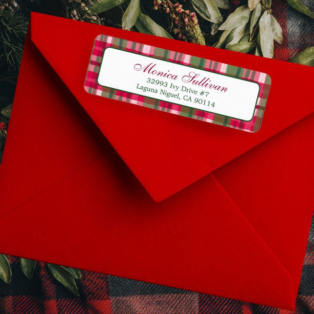 Returadress av vattenfärg Play-julens ANPASSNINGSB Etikett (Watercolor Plaid Christmas Holiday red Green Elegant Chic CUSTOM Return Address Label
)
