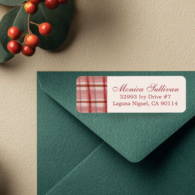 Returadress av vattenfärg Play-julens ANPASSNINGSB Returadress Etikett (Watercolor Red Plaid Christmas Holiday CUSTOM Return Address Label
)