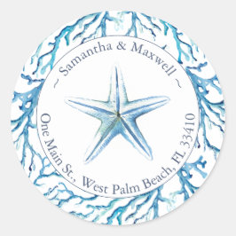 Returadress av vattenfärgen Sea Coral Starfish Runt Klistermärke