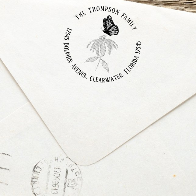 Returadress Butterfly för botaniska familjer Självfärgande Stämpel (Botanical butterfly self inking return address stamp. )