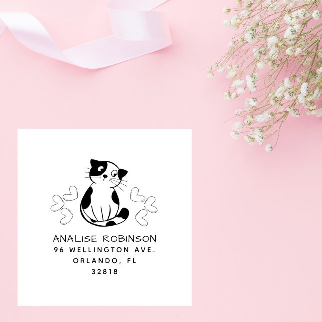 Returadress för Anpassningsbarna Cute Cat & Hearea Stämpel (Skapare uppladdad)
