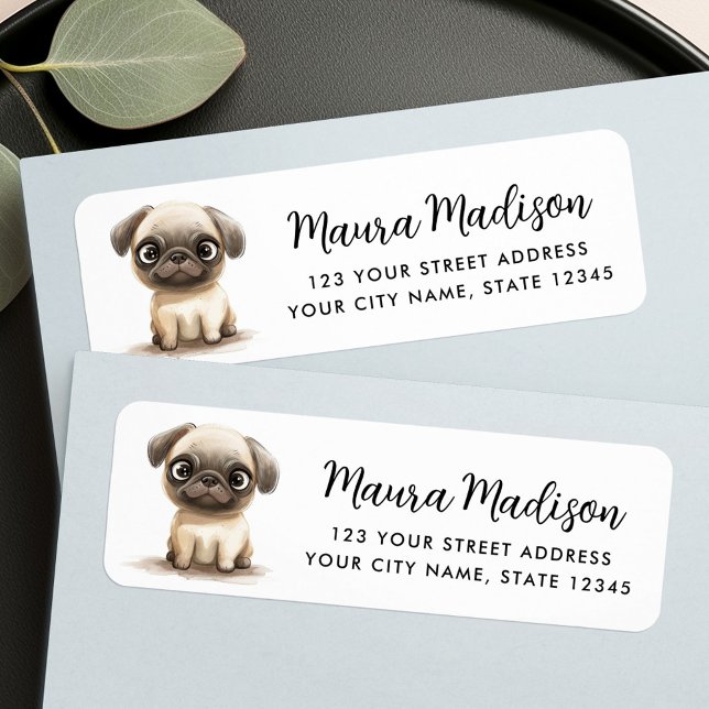 Returadress för  av Pug hund vattenfärgsillustrati Etikett (Pug dog watercolor illustration return address label)