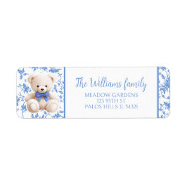 Returadress för babydusch i marin blå nalle returadress etikett