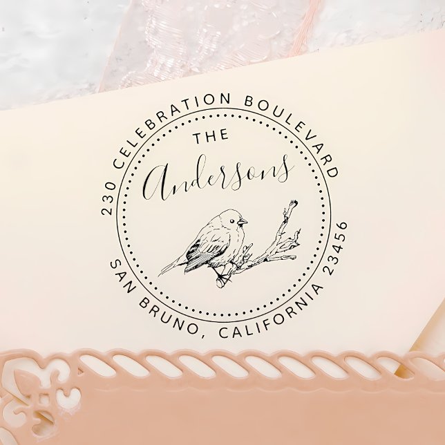 Returadress för Bird Illustration Family Namn Roun Självfärgande Stämpel (Skapare uppladdad)