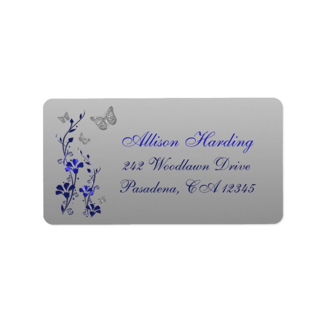 Returadress för Blommigt av blå Grått-fjäril, Silv Adressetikett (Framsidan)