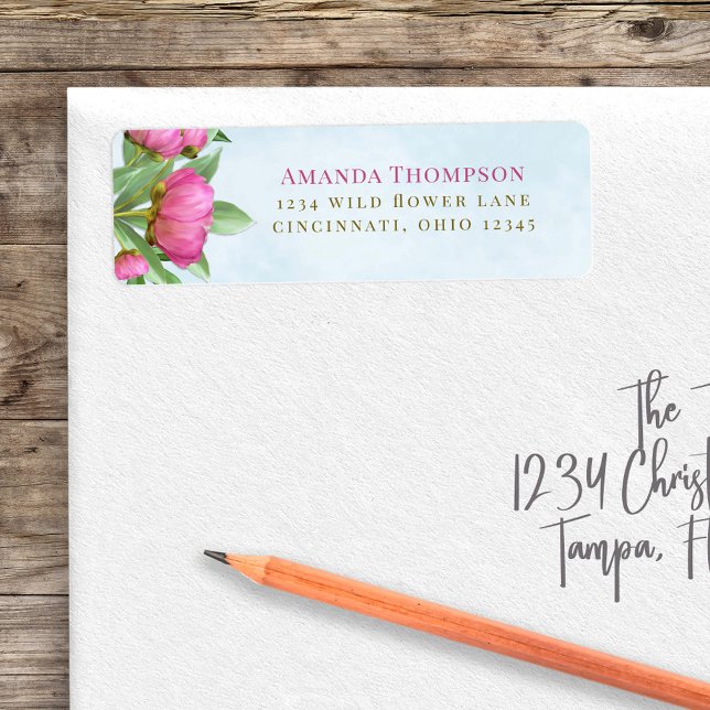 Returadress för Blommigt av rosa vattenfärg Returadress Etikett (Pink floral return address label with peony floral design. )