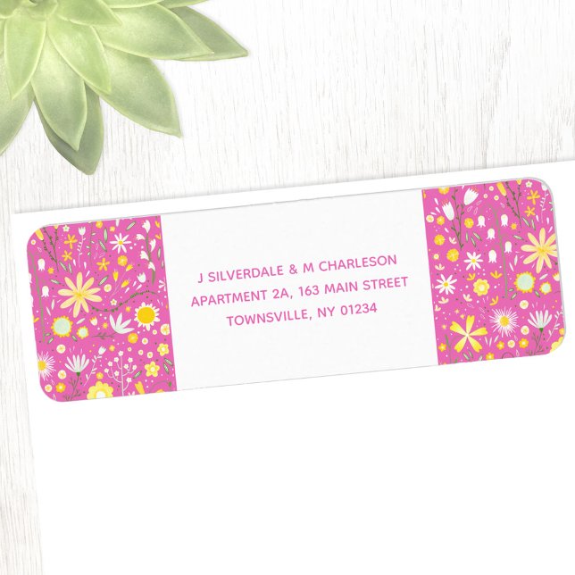 Returadress för botanisk Rosa Wildbloms Blommigt Etikett (Floral pink wildflower return address label sticker with custom text)