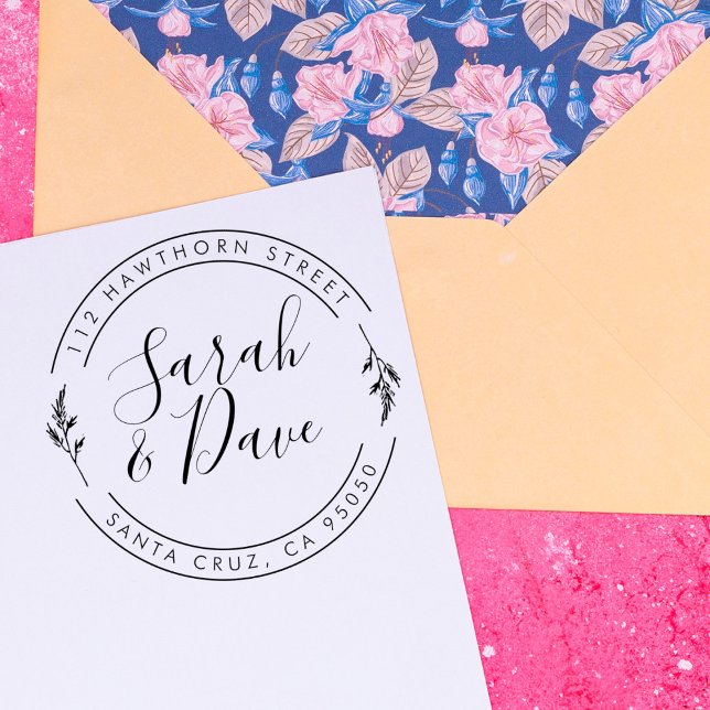 Returadress för botaniskt cirkulärt Bröllop-skript Stämpel (Skapare uppladdad)