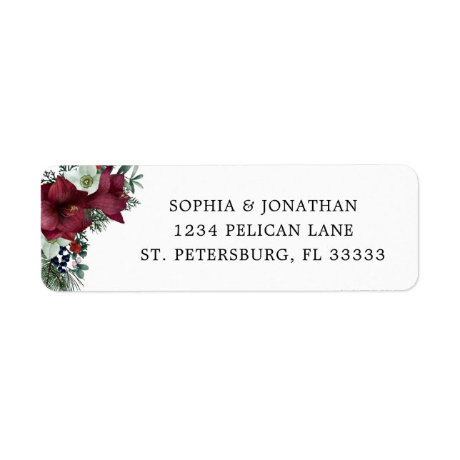 Returadress för Burgundy Blommigt Winter Wedding Etikett (Framsidan)