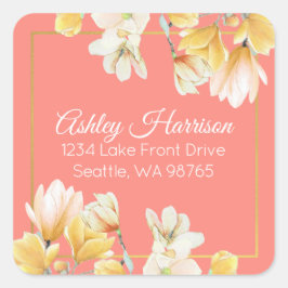 Returadress för den moderna Chicen Guld Coral Blom Fyrkantigt Klistermärke