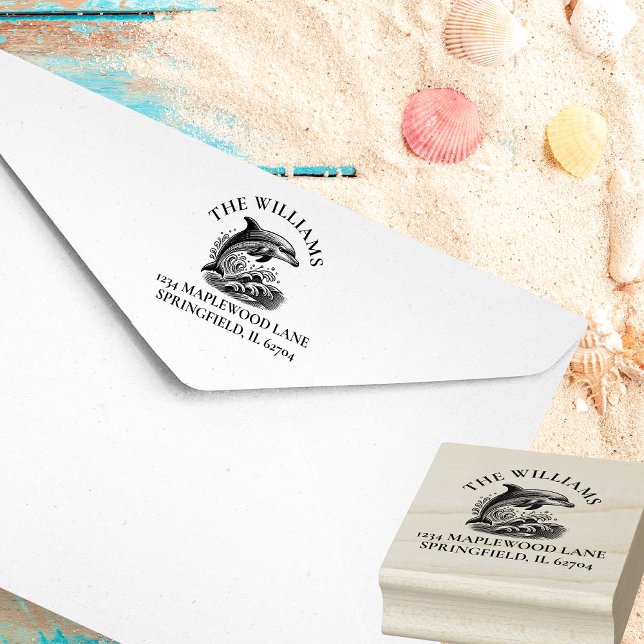 Returadress för Dolphin Anpassningsbar Family Stämpel (Splashing dolphin family address stamp
)
