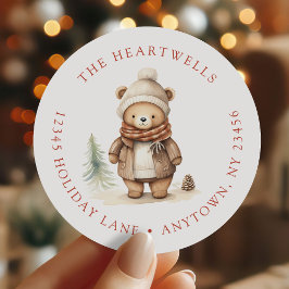 Returadress för färgen Cute Watercolor Bear-jul Runt Klistermärke