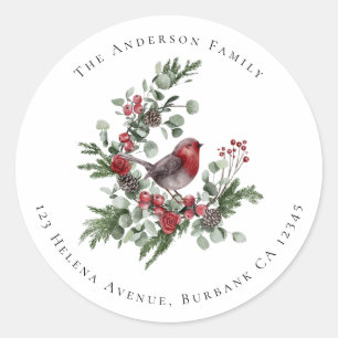Returadress för Festive Robin-Blommigten Runt Klistermärke