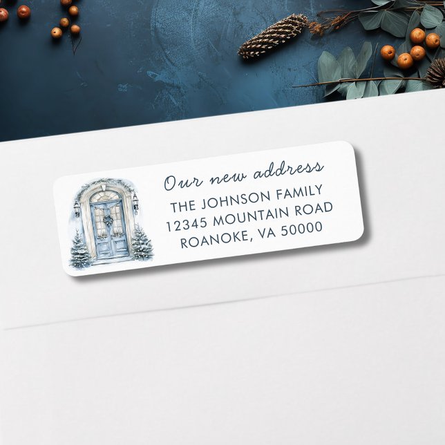 Returadress för Flytta av blå dörr Returadress Etikett (Blue Front Door New Home Holiday Moving Announcement Return Addreses Label)