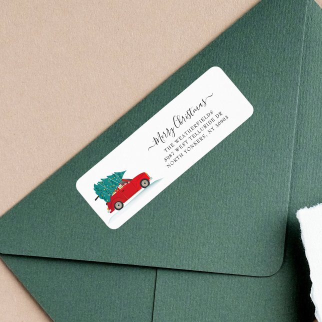 Returadress för Flytta av vattenfärg vid jul Etikett (Christmas Red Car Tree Return Address Label)