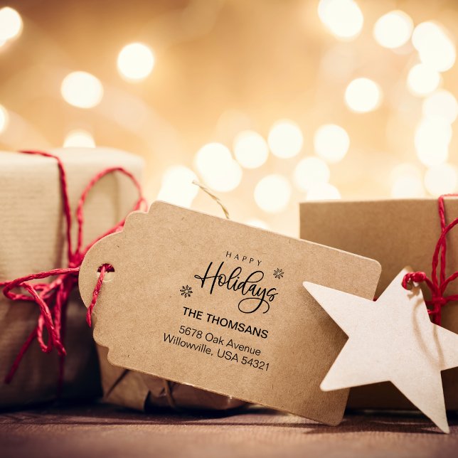 Returadress för Glad helg-familjen Stämpel (Script Happy Holidays Family Return Address Rubber Stamp)