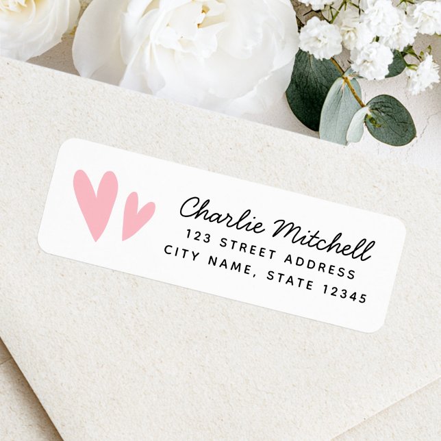 Returadress för handskrivet skript för Cute rosa-h Etikett (Cute pink hearts handwritten script return address label)